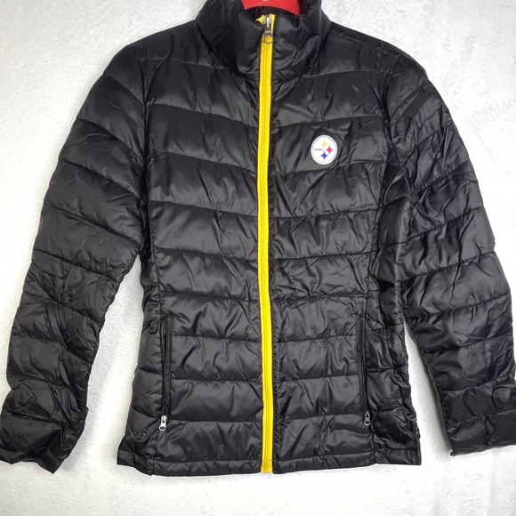NFL Jackets & Blazers - Pittsburgh Steelers Women's Small Puffer Jacket Black Yellow NFL Quilted Coat